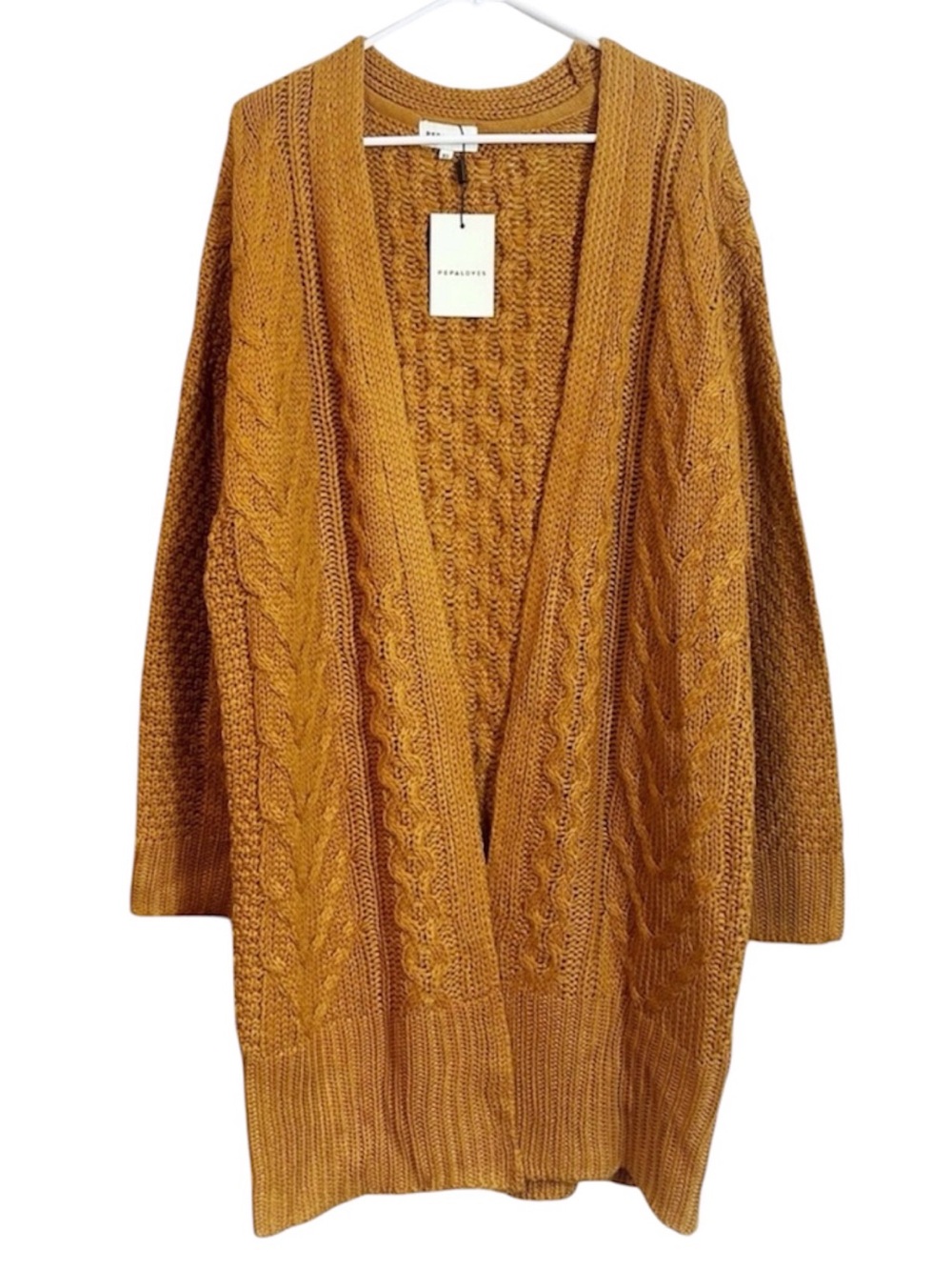 Anthropologie Pepaloves Golden Crochet Knit Open Front Duster Cardigan Sweater